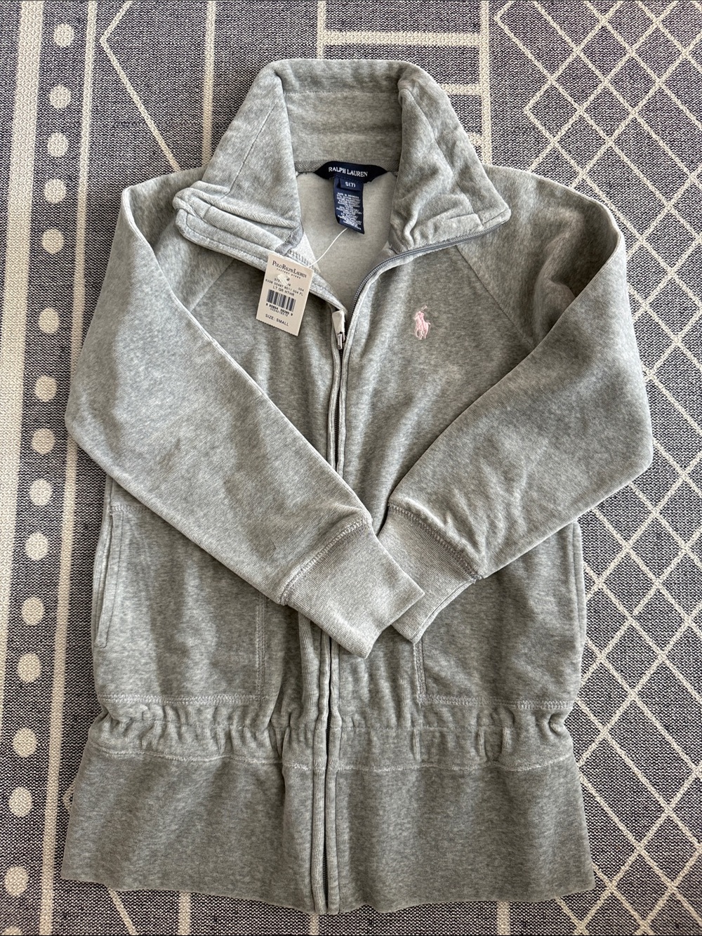 Ralph Lauren Light Gray Zip-Up Sweatshirt with Pink Pony
